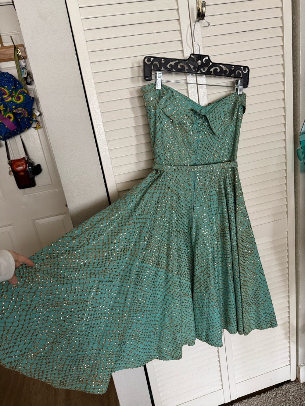 Vintage Strapless Teal Dress with Gold Dot sequin Accents